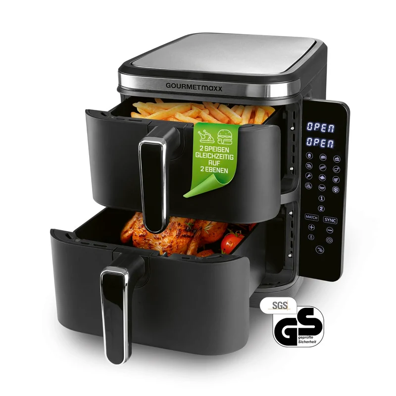 GOURMETmaxx FryUp XL vertikale Doppelkammer Heissluftfritteuse - 10 L | Airfryer mit klappbarem Touc
