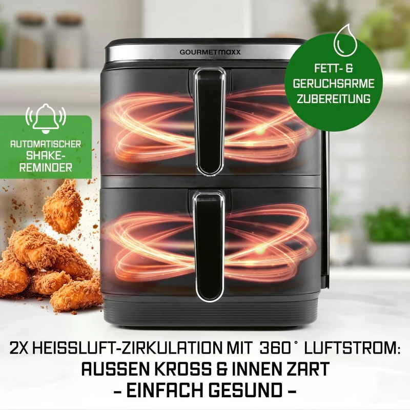 GOURMETmaxx FryUp XL vertikale Doppelkammer Heissluftfritteuse - 10 L | Airfryer mit klappbarem Touc