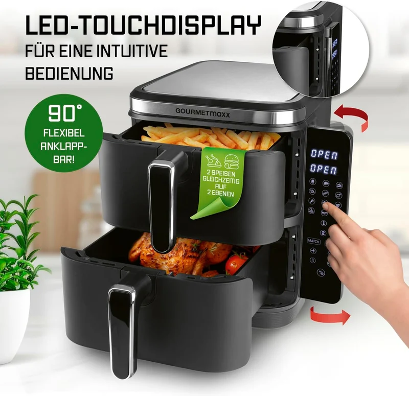 GOURMETmaxx FryUp XL vertikale Doppelkammer Heissluftfritteuse - 10 L | Airfryer mit klappbarem Touc