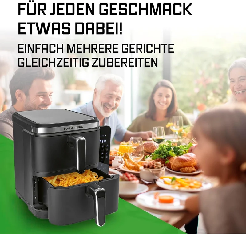 GOURMETmaxx FryUp XL vertikale Doppelkammer Heissluftfritteuse - 10 L | Airfryer mit klappbarem Touc