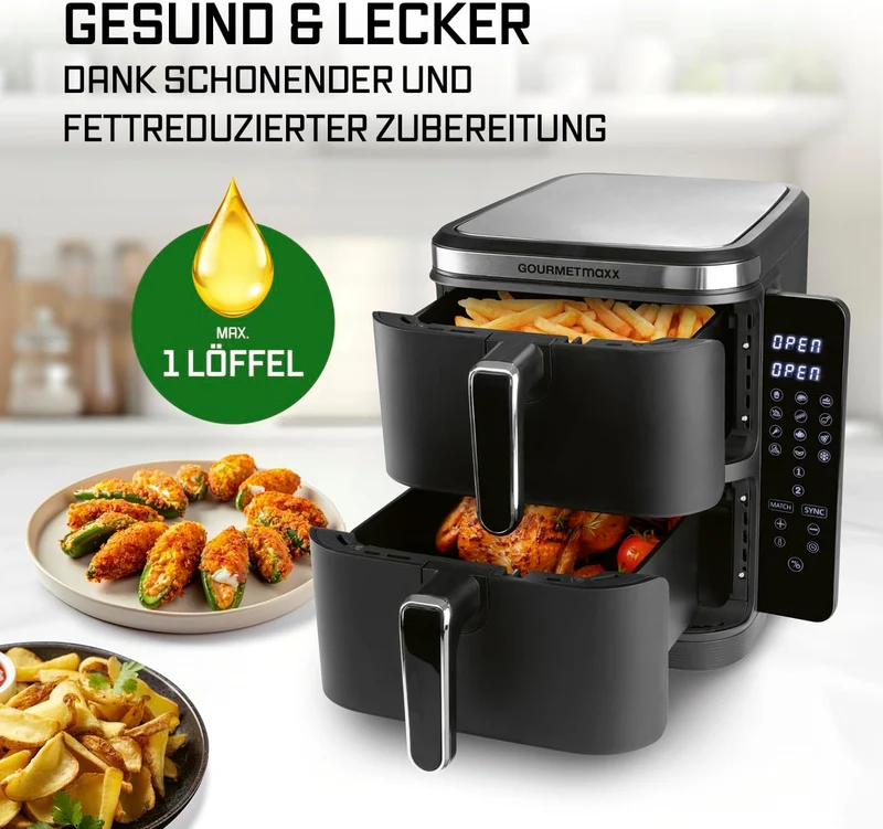 GOURMETmaxx FryUp XL vertikale Doppelkammer Heissluftfritteuse - 10 L | Airfryer mit klappbarem Touc