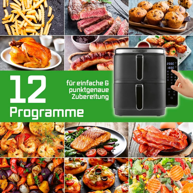 GOURMETmaxx FryUp XL vertikale Doppelkammer Heissluftfritteuse - 10 L | Airfryer mit klappbarem Touc