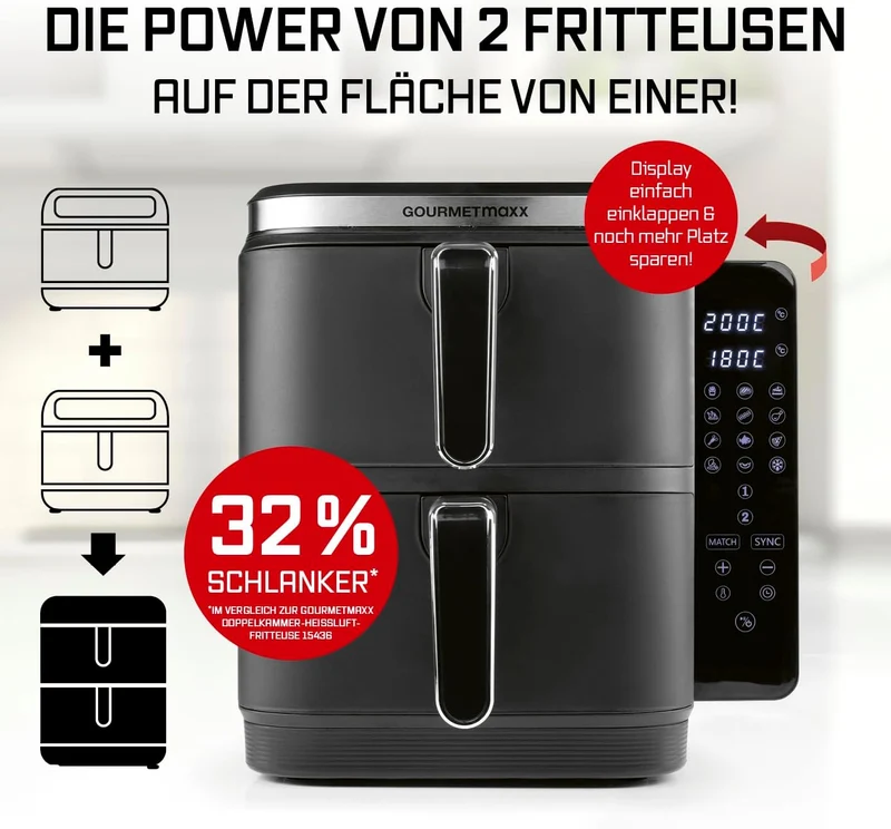 GOURMETmaxx FryUp XL vertikale Doppelkammer Heissluftfritteuse - 10 L | Airfryer mit klappbarem Touc