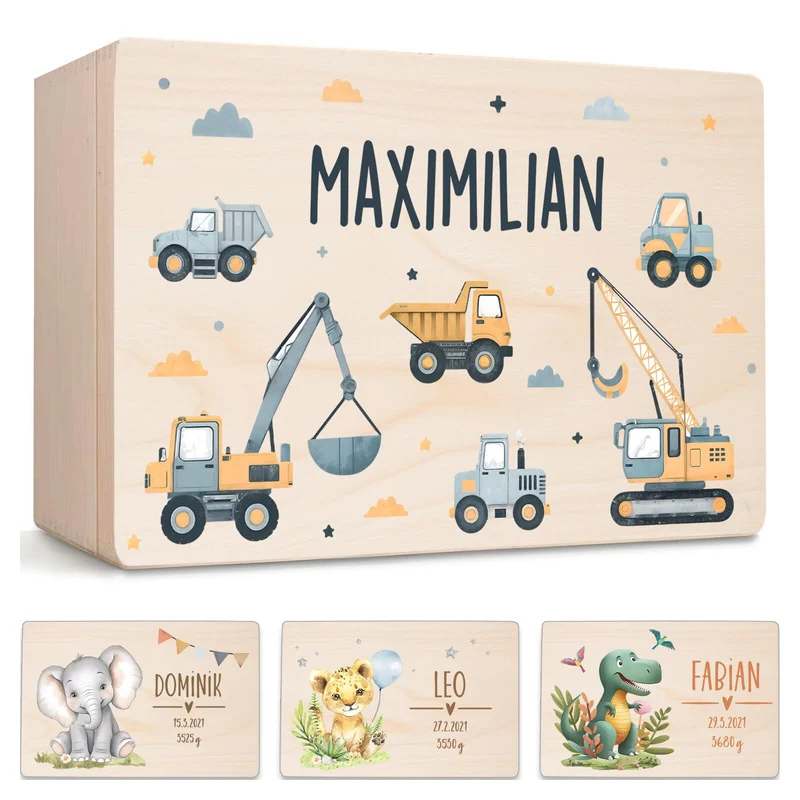 Little Deco Personalisierte Baby Erinnerungskiste mit Bagger | L - 40 x 30 x 22 cm - Design 5 | Holz