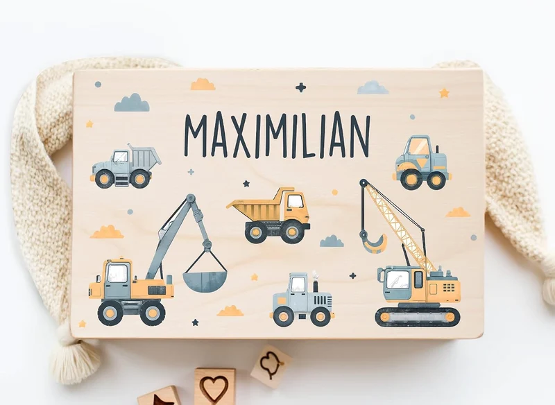 Little Deco Personalisierte Baby Erinnerungskiste mit Bagger | L - 40 x 30 x 22 cm - Design 5 | Holz
