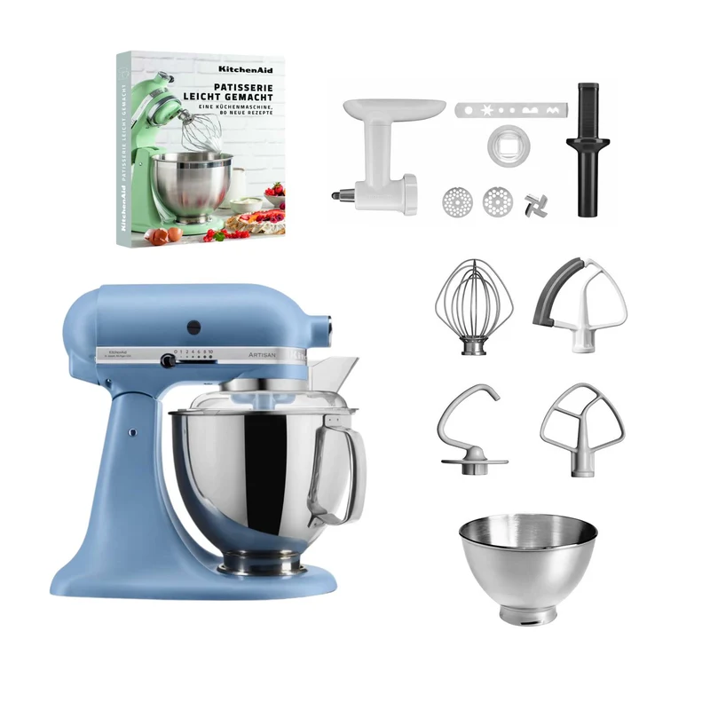 KitchenAid 4,8 L 5KSM175 Artisan Küchenmaschine Pastrylover mit Kunststofffleischwolf+Spritzgebäckvorsatz und Patisserie Buch