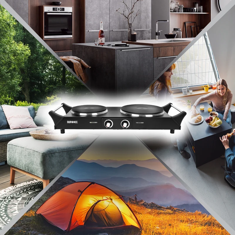 Duronic HP2 BK Doppel Kochplatte, Elektrische Doppelkochplatte mit Griffen 2 Kochfelder stufenlos regelbar, Campingkocher mit Massekochfeld, Tragbare Herdplatte aus Edelstahl für Camping, 2500 W