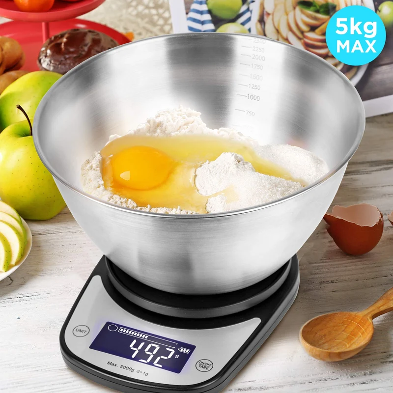 Duronic KS5000 BK/SS Küchenwaage | 5 kg Digitalwaage oval mit 2,5 L abnehmbarer Schüssel | 1 g grammgenau Präzision-Feinwaage | Haushaltswaage mit Tara-Funktion | Digitale Waage mit Hold-Funktion
