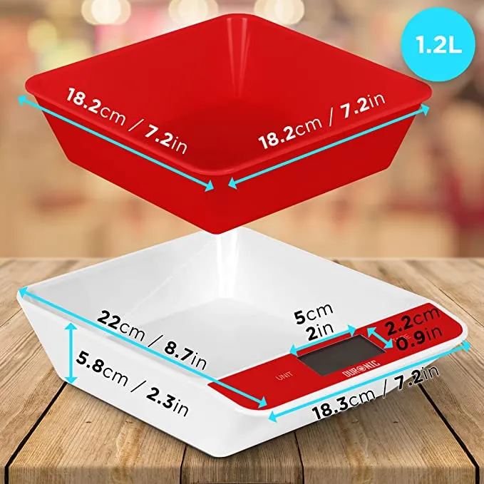 Duronic KS100 RD Küchenwaage | 5 kg Digitalwaage mit 1,2 L abnehmbarer Schüssel | 1 g grammgenau Präzision-Feinwaage | Haushaltswaage mit Tara-Funktion | Digitale Waage mit Hold-Funktion | Zum Kochen