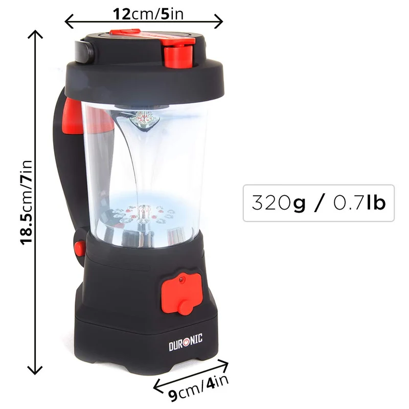 Duronic Hurricane Campinglampe, Taschenlampe mit Laterne und Notfallsignal, wiederaufladbar mit Kurbel oder USB, inkl. Powerbank Funktion, mit Haken