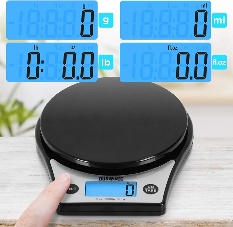 Duronic KS6000 BK Küchenwaage | 5 kg Digitalwaage rund mit 2,5 L abnehmbarer Schüssel | 1 g grammgenau Präzision-Feinwaage | Haushaltswaage mit Tara-Funktion | Digitale Waage mit Hold-Funktion