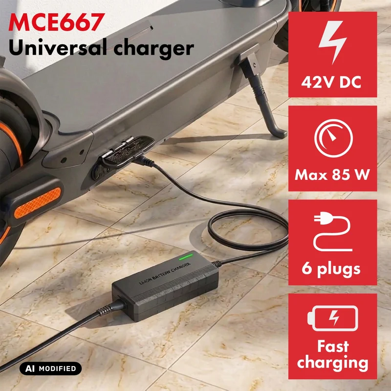 Maclean Energy Universal Charger / Power Supply, for scooters, 42V DC, 2A, Max 85W, Fast Charging, 6 plugs, MCE667