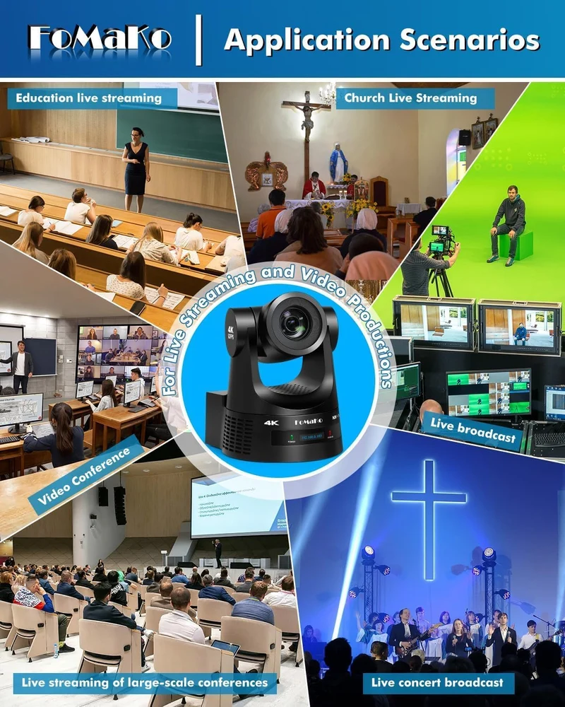 FoMaKo 4K NDI PTZ Set BK203, 4K 60fps NDI HX3 20x Optischer Zoom KI-Auto-Tracking, mit 3G-SDI/HDMI/U