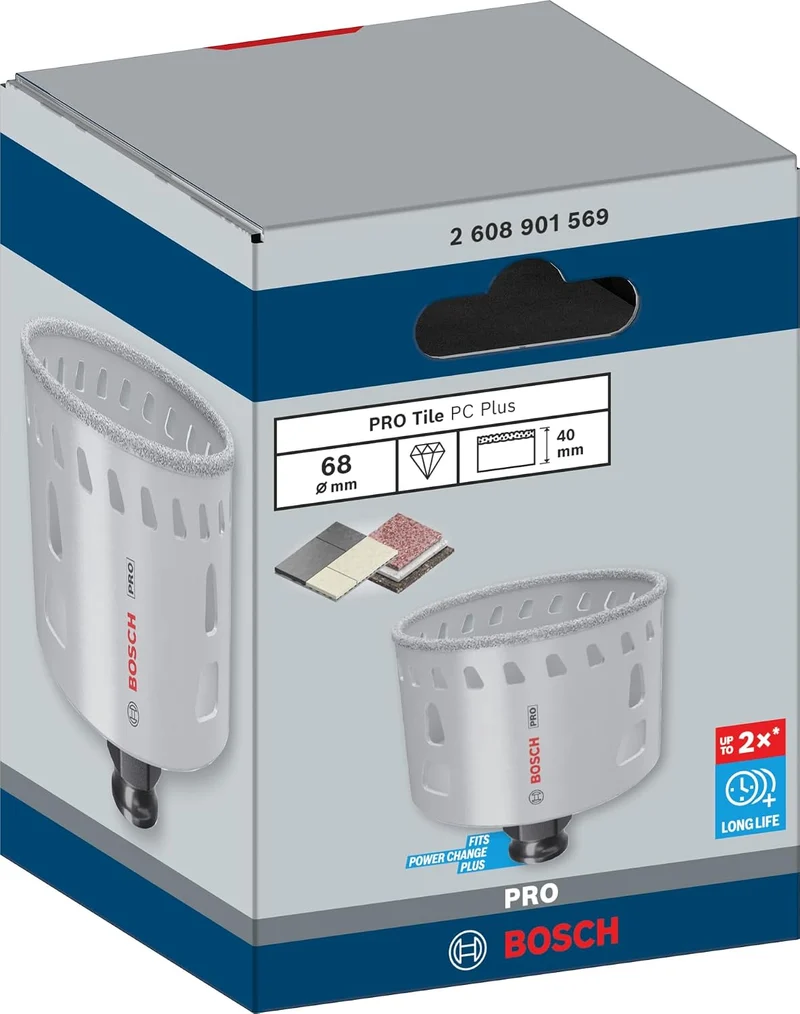 Bosch 1x PRO Tile Power Change Plus Lochsäge (für Harte Fliesen, Weiche Fliesen, Ø 68 mm, Profession