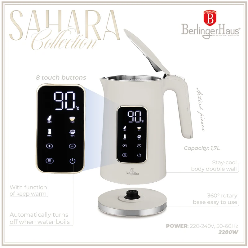 BerlingerHaus Wasserkocher Digital Matt Creme - Temperatureinstellung - 1.7 Liter - 2200W