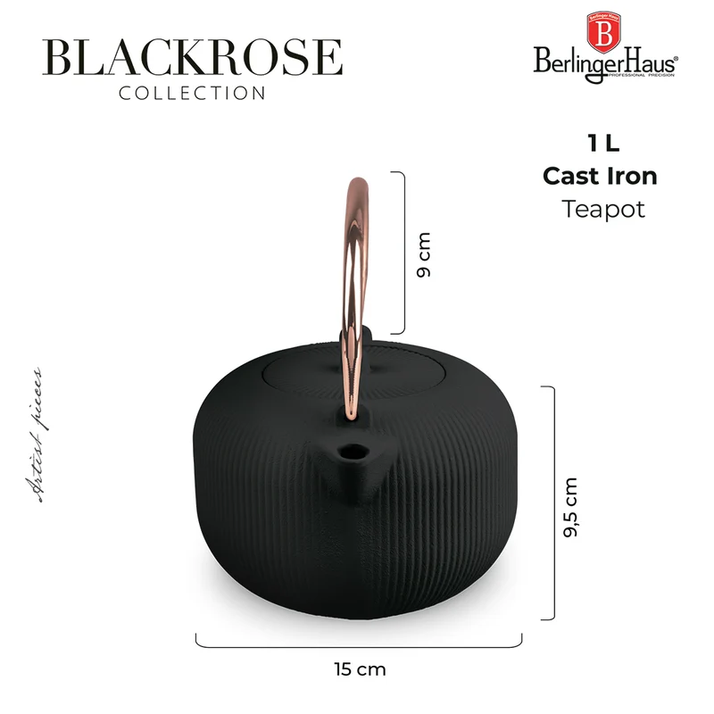 BerlingerHaus Teekanne mit Edelstahlfilter - Gusseisen Schwarz Roségold - 1 Liter