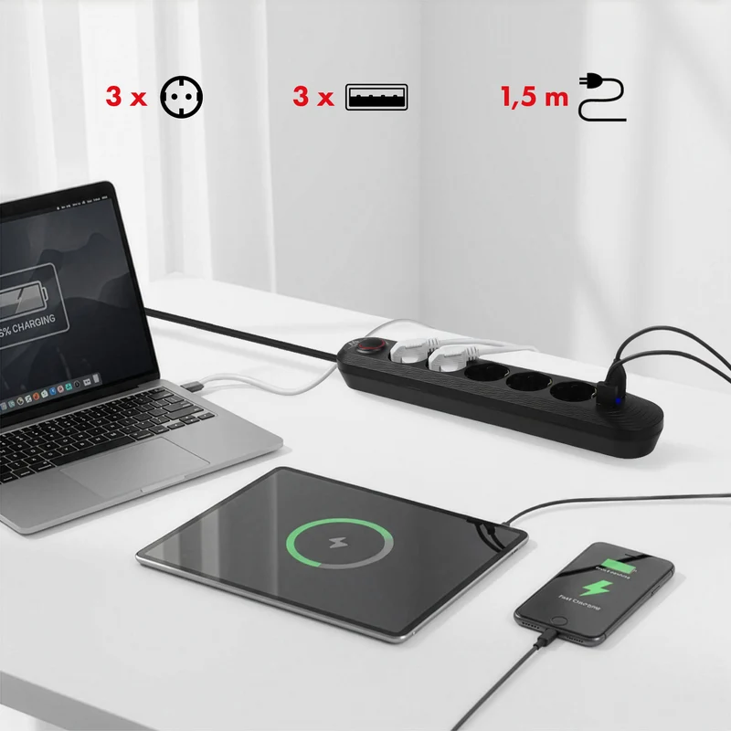 Maclean power strip, 5 socket extension cable + 3xUSB, 110-240V AC 50/60Hz, 2.1A max 2500W, 1.5m, black, MCE395 B