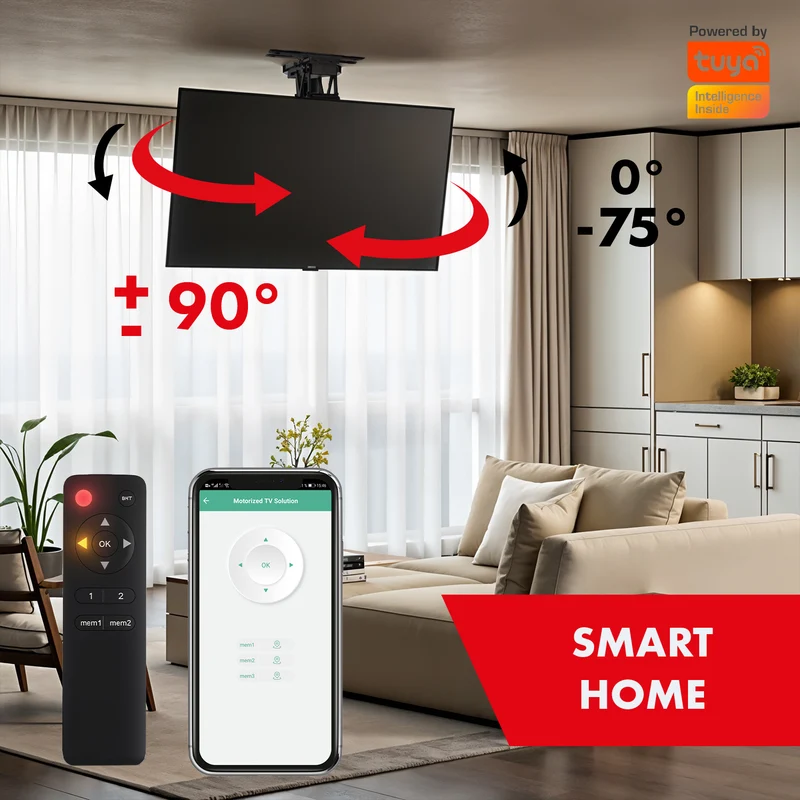 Maclean electric ceiling TV mount, TUYA support, max VESA 600x400, 90st swivel remote control, 32"-75", 35kg, MC-490
