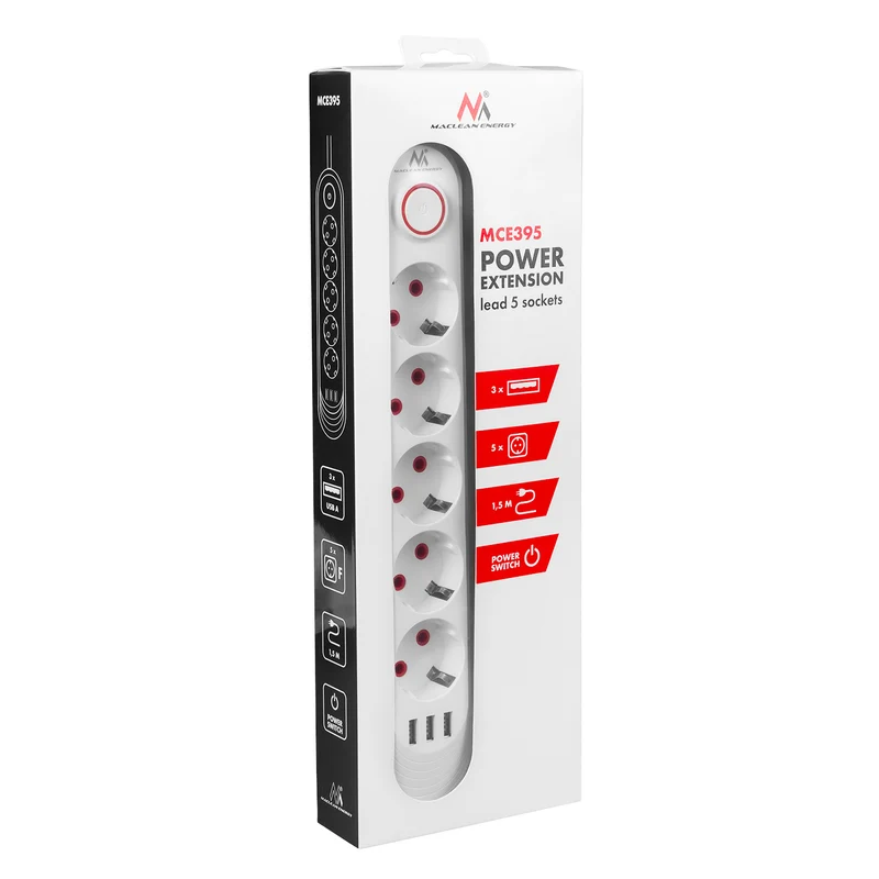Maclean power strip, 5 socket extension + 3xUSB, 110-240V AC 50/60Hz, 2.1A max 2500W, 1.5m, white, MCE395 W