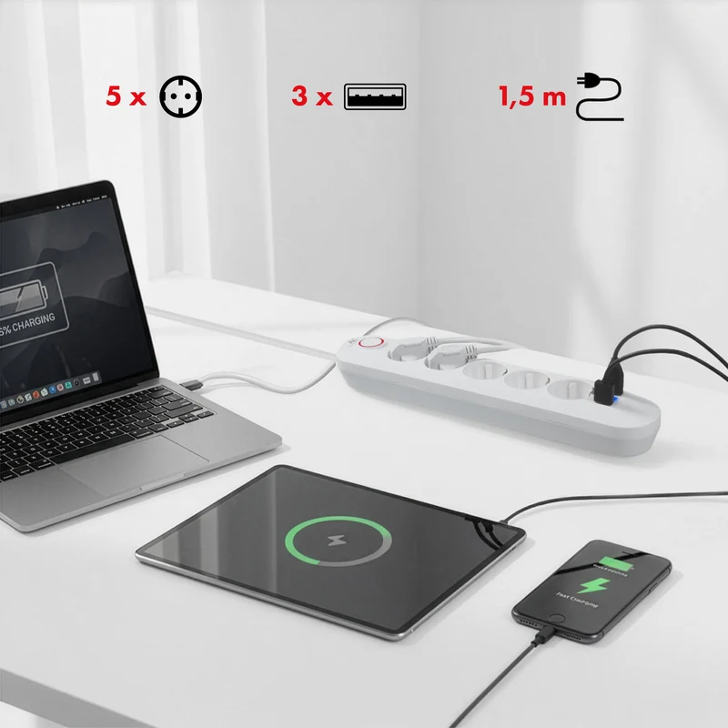 Maclean power strip, 5 socket extension + 3xUSB, 110-240V AC 50/60Hz, 2.1A max 2500W, 1.5m, white, MCE395 W