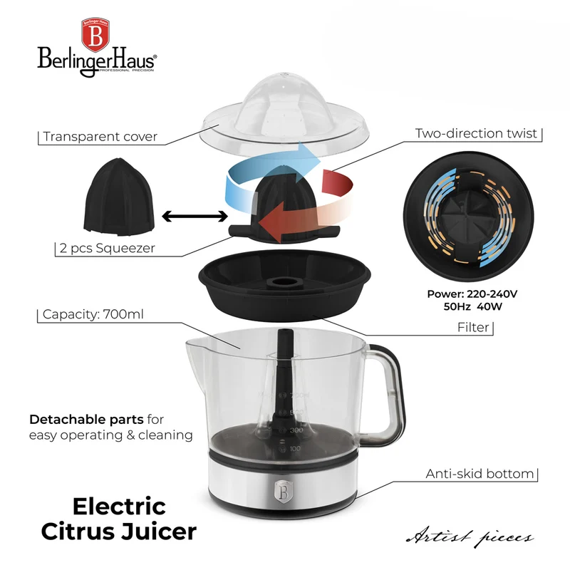 BerlingerHaus Elektrische Zitruspresse / Orangenpresse Schwarz Roségold - 0,7 L - 40 W