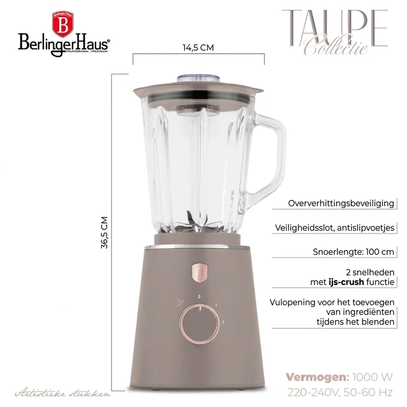 BerlingerHaus Standmixer Taupe - Glaskanne - 1,5 Liter - 1000W