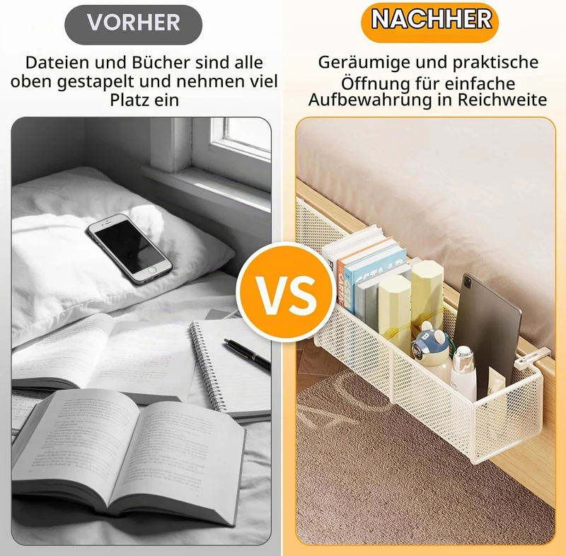 Bett Organizer Metall Bettablage zum Einhängen mit 2 Abnehmbarer Haken Weiss Nachttisch zum Einhänge