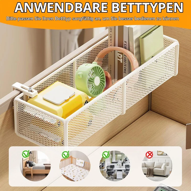 Bett Organizer Metall Bettablage zum Einhängen mit 2 Abnehmbarer Haken Weiss Nachttisch zum Einhänge
