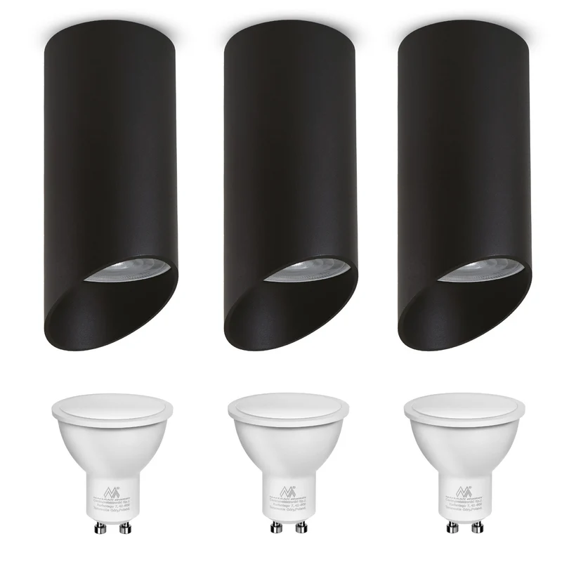 Maclean surface-mounted luminaire / tube, spot, round, aluminum, GU10, 55x130mm, black color, MCE360 B 3pcs + LED bulb GU10 7W Maclean Energy MCE437 WW warm white 3000K, 220-240V~, 50/60Hz, 3pcs