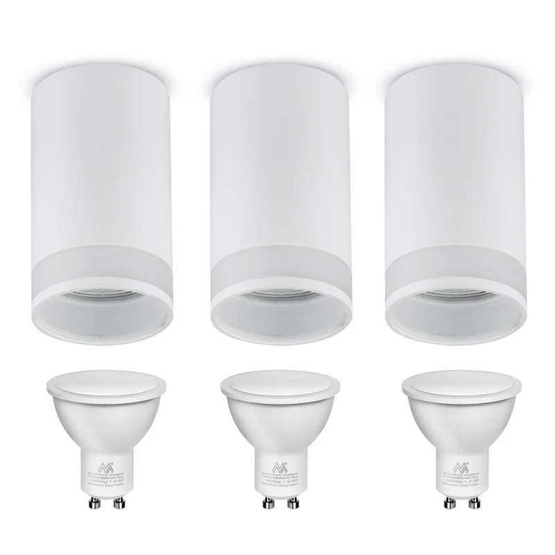 Maclean surface-mounted luminaire / tube, spot, round, aluminum, GU10, 55x130mm, white, MCE361 W 3pcs + Maclean Energy MCE437 WW GU10 7W LED bulb warm white 3000K, 220-240V~, 50/60Hz 3pcs