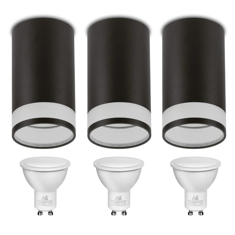 Maclean surface-mounted luminaire / tube, spot, round, aluminum, GU10, 55x130mm, black color, MCE361 B 3pcs+ LED bulb GU10 7W Maclean Energy MCE437 NW neutral white 4000K, 220-240V~, 50/60Hz, 490 3pcs
