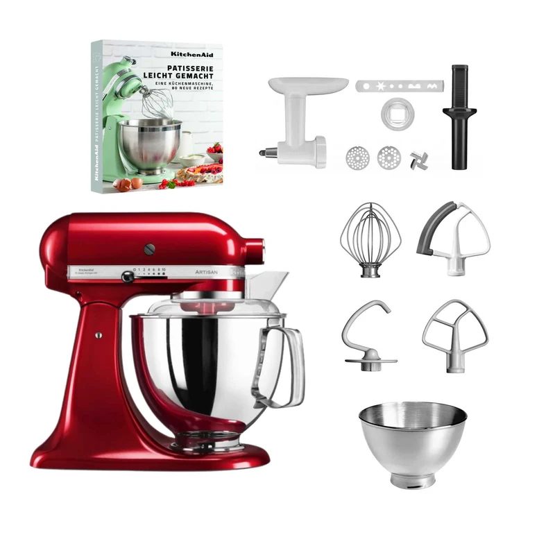 KitchenAid 4,8 L 5KSM175 Artisan Küchenmaschine Pastrylover mit Kunststofffleischwolf+Spritzgebäckvorsatz und Patisserie Buch