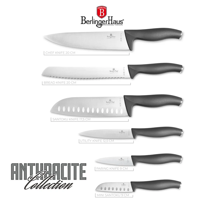 BerlingerHaus Messerset Matt Anthrazit 6-teilig - Kochmesser, Brotmesser, Santokumesser, Officemesser, Schälmesser & Mini Santokumesser