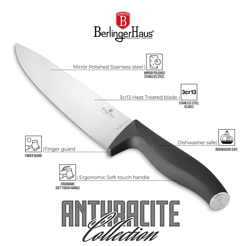 BerlingerHaus Messerset Matt Anthrazit 6-teilig - Kochmesser, Brotmesser, Santokumesser, Officemesser, Schälmesser & Mini Santokumesser