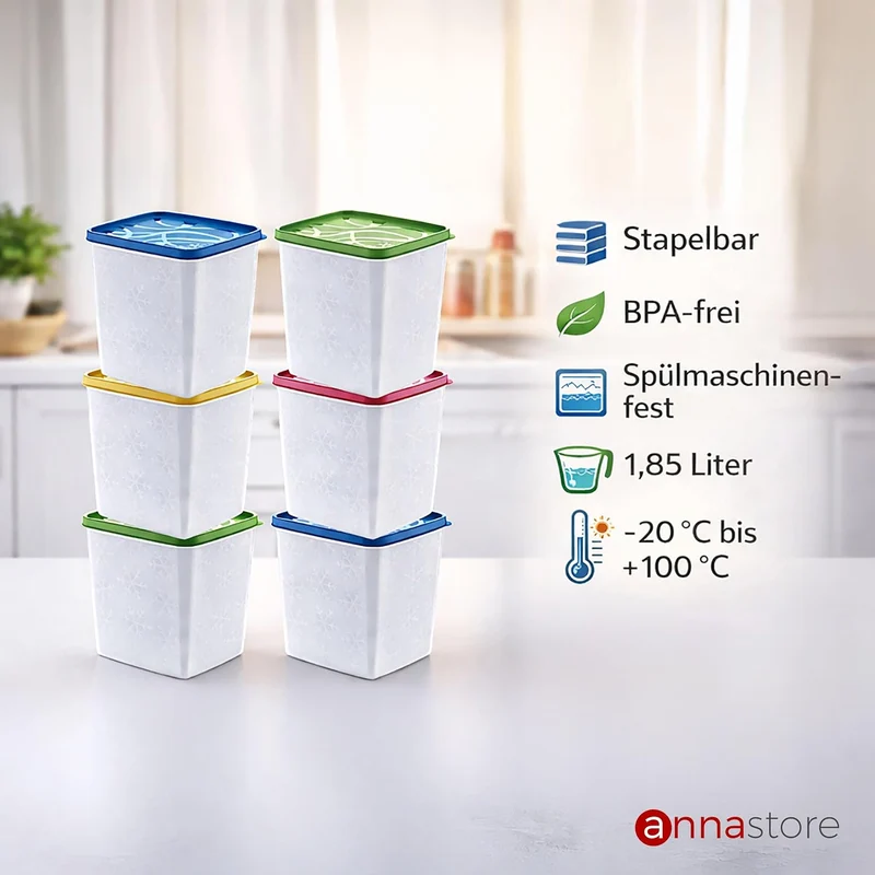 Annastore 6 x hochwertige Tiefkühldosen von -20°C bis + 100°C - Gefrierdosen - Luftdicht - Tiefkühlb