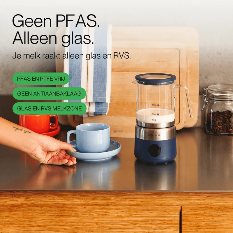 Digitale glazen melkopschuimer blauw