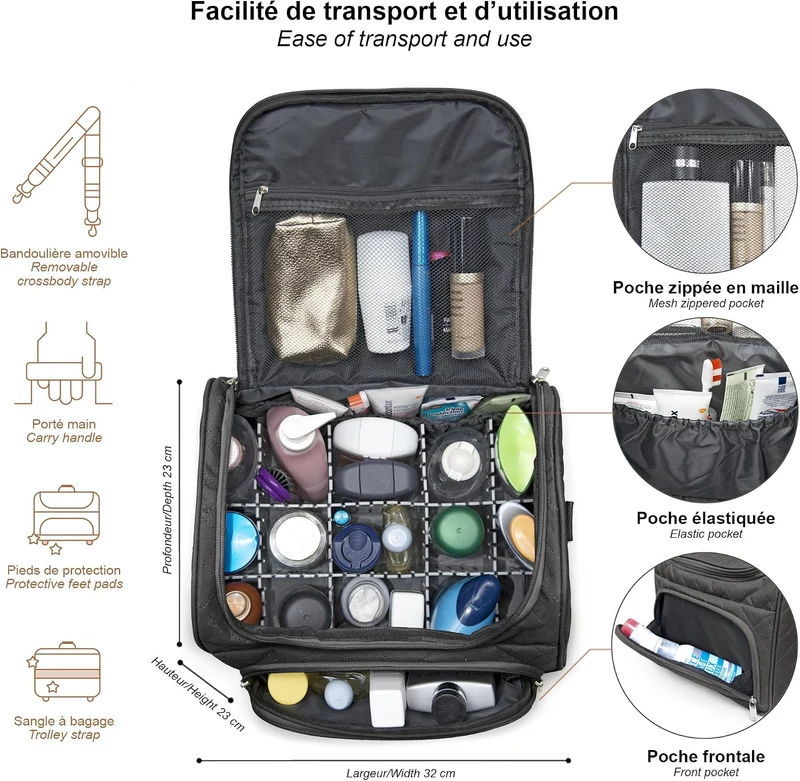 Kosmetiktasche für unterwegs, halbstarr, 25 cm, Kosmetiktasche KINSTON Schwarz, Schwarz