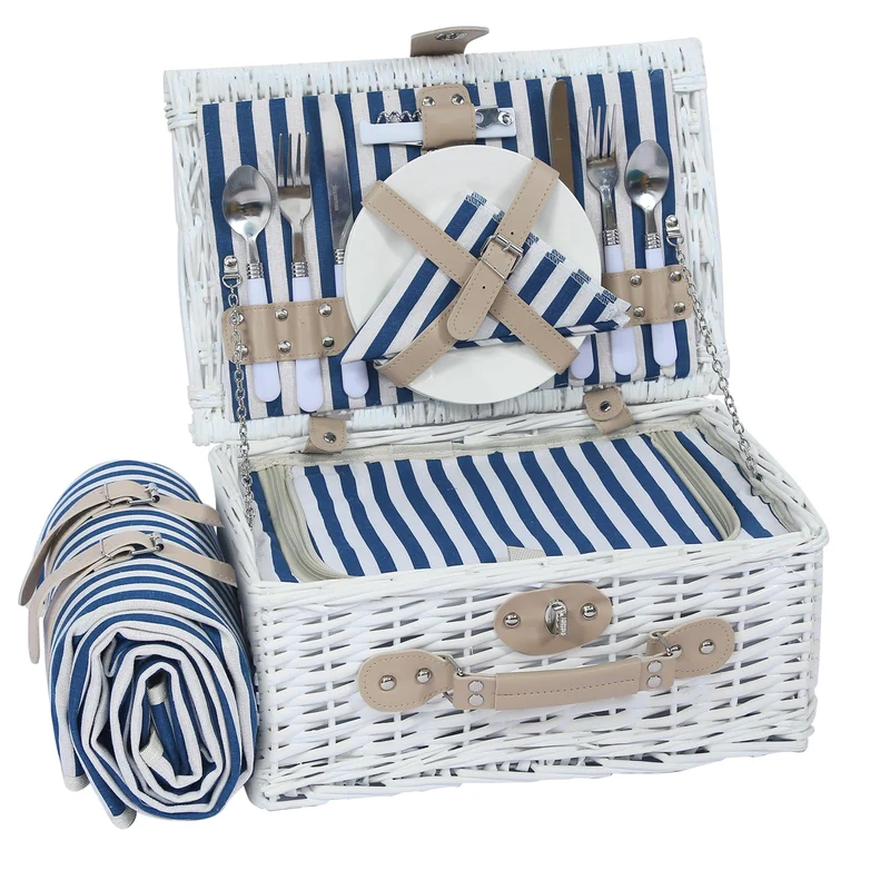 Picknickkorb Set für 2 Person mit Kühlfach und wasserdichte Picknickdecke, Abnehmbarer Riemen, Weinb