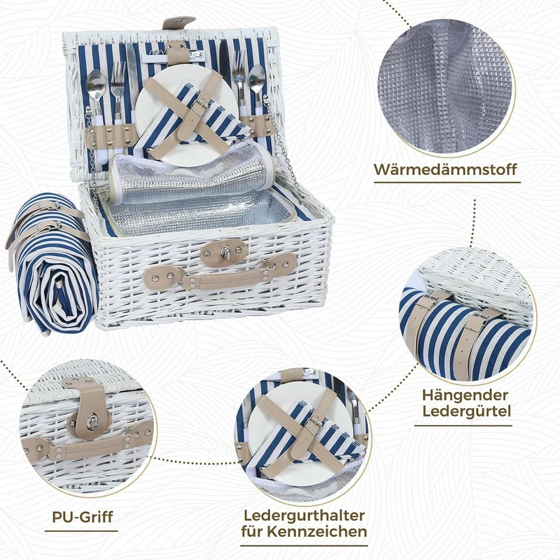 Picknickkorb Set für 2 Person mit Kühlfach und wasserdichte Picknickdecke, Abnehmbarer Riemen, Weinb