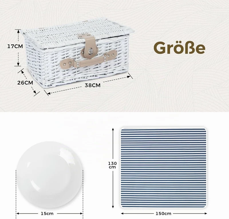 Picknickkorb Set für 2 Person mit Kühlfach und wasserdichte Picknickdecke, Abnehmbarer Riemen, Weinb