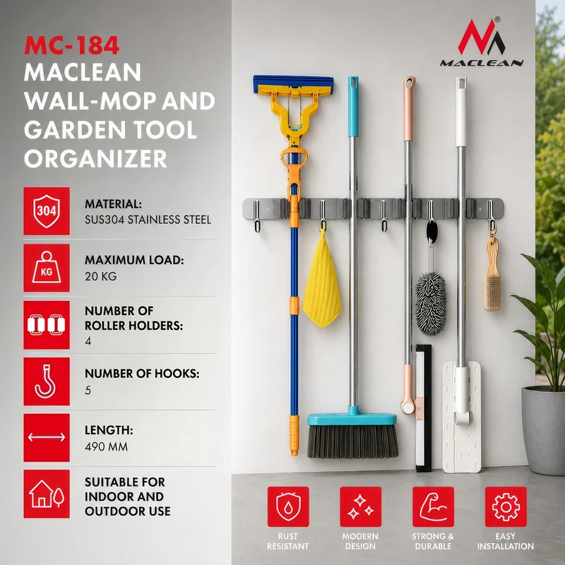 Maclean Wall-Mounted Organizer for Garden Tools and Mops, steel, with hooks, max. load 20 kg, width 49 cm, MC-184, 2 pieces
