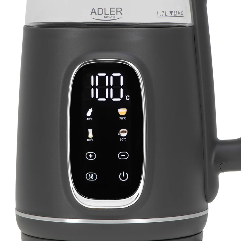 Adler AD 1305gs Wasserkocher Glas, LED-Anzeige, Temperaturreglung, 1,7L grau/silber 2200W