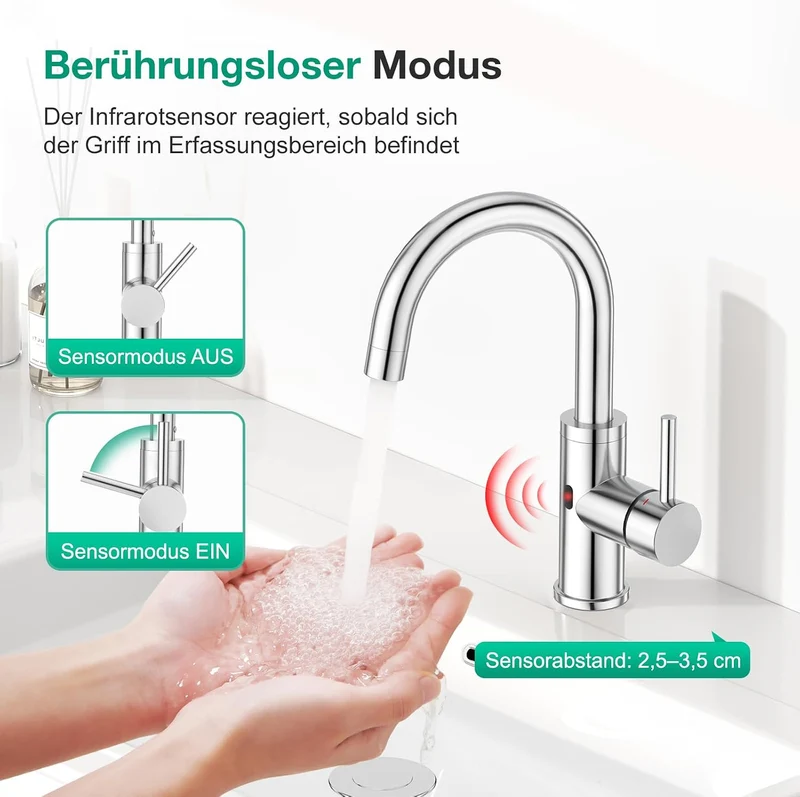 CREA Infrarot Wasserhahn 360° drehbar mit Automatischer Sensor Berührungslose, Einhebelmischer Armat