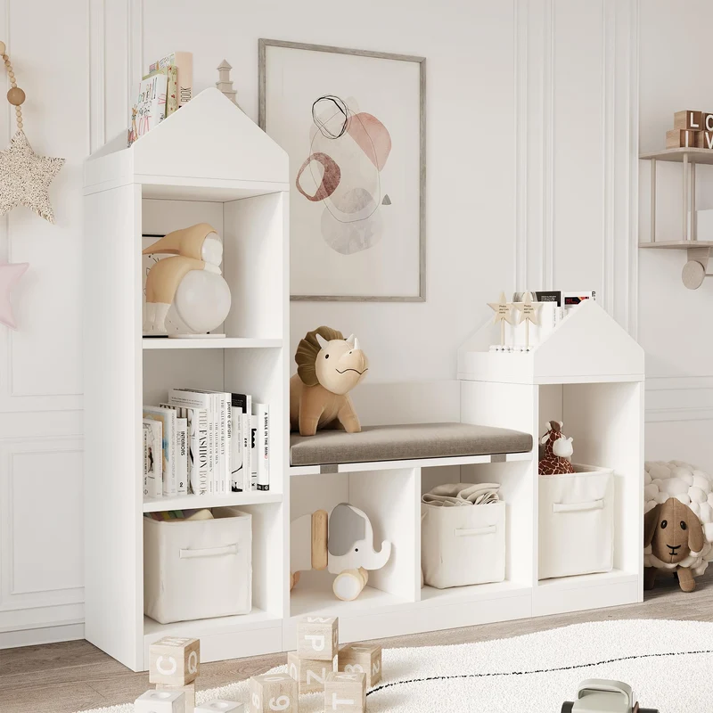 GarveeHome Kinderbücherregal Mit Kissen, Kinderbücherregal Aus Holz,Einzigartiges Dachdesign, Spielz