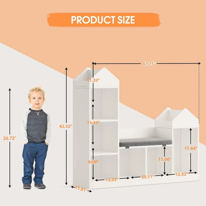 GarveeHome Kinderbücherregal Mit Kissen, Kinderbücherregal Aus Holz,Einzigartiges Dachdesign, Spielz