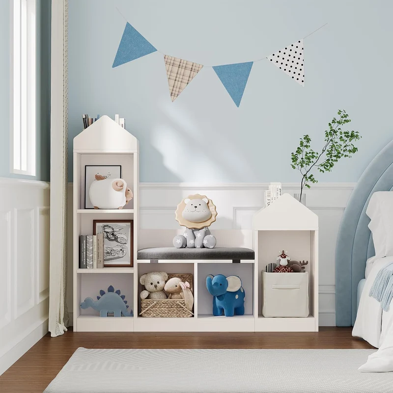 GarveeHome Kinderbücherregal Mit Kissen, Kinderbücherregal Aus Holz,Einzigartiges Dachdesign, Spielz