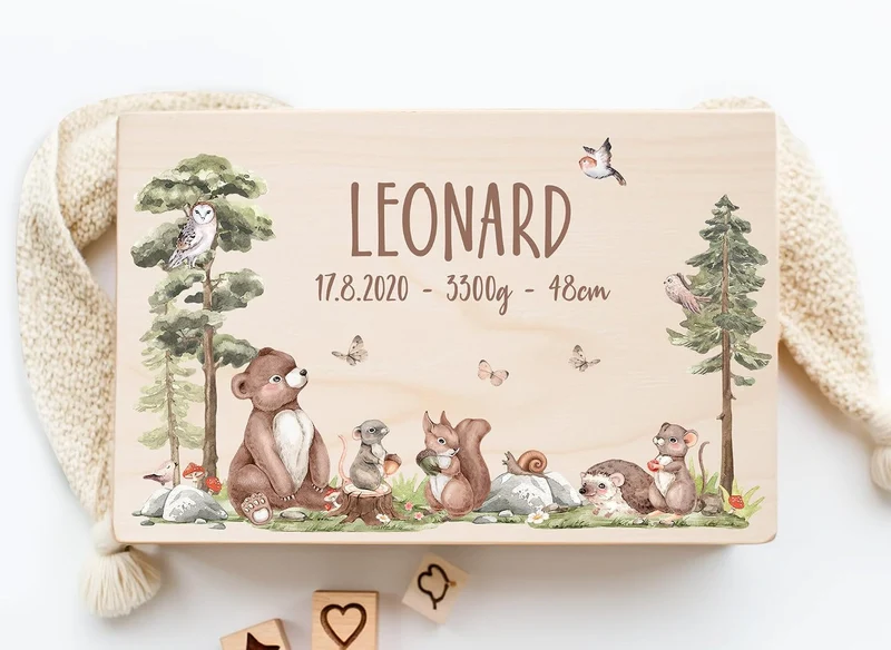 Little Deco Baby Erinnerungsbox personalisiert Waldtiere | 40 x 30 x 22 cm | Taufgeschenk Erinnerung