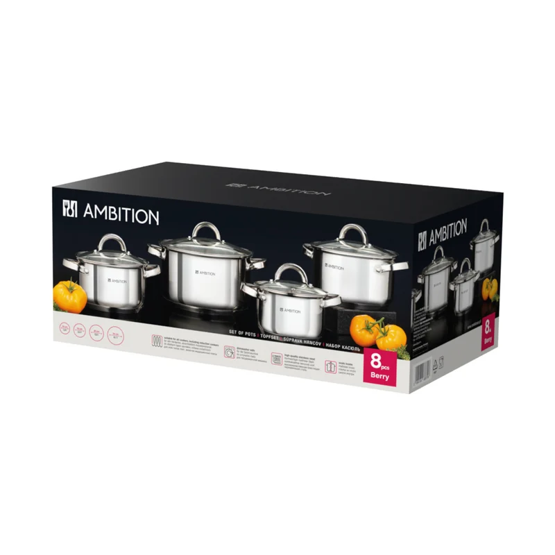 Ambition cookware set, stainless steel, 8 pieces, thick bottom, Berry