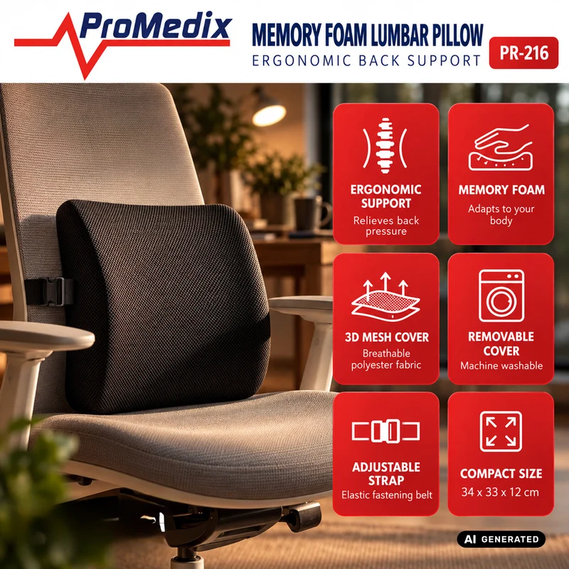 Promedix Memory Foam Lumbar Pillow, 34x31x12 cm, foam density: 50D, PR-216