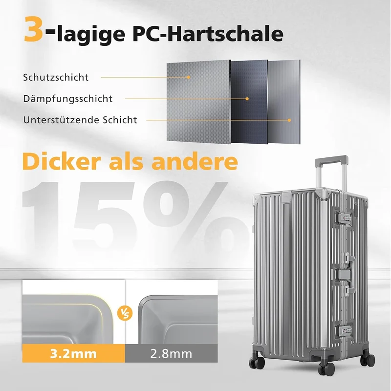 ALPHA CAMP Koffer XXL Aluminium Rahmen & Polycarbonat Hartschale mit TSA Schloss Reisekoffer 43x36x8
